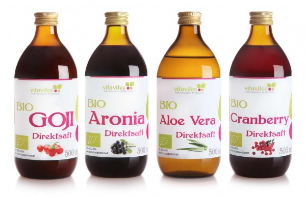 4er Bio Saftpaket: Goji - Aronia - Aloe Vera - Cranberry Direktsaft - je 1x 0,5 Liter